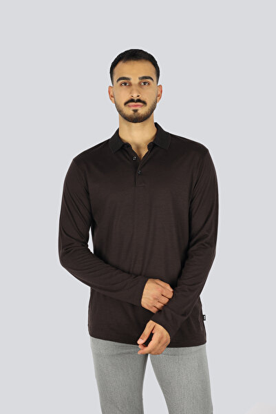 BOSS Erkek Normal Kalıp Uzun Kollu %100 Yün Triko Kahverengi Polo Yaka T-Shir...