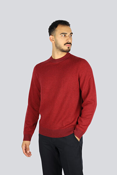 BOSS Men's Regular Fit Ribbed Round Neck Pure Wool and Cotton Blend Long Sleeve Burgundy Sweater 50549986