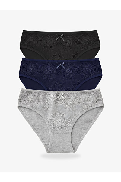 IPL Γυναικεία εσώρουχα, Γυναικεία εσώρουχα με δαντέλα, βαμβακερά σετ 3 τεμαχίων (Μαύρο Ναυτικό Γκρι)