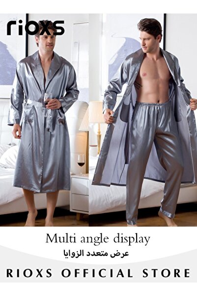 RIOXS Men's 2 Piece Pyjama Set,Satin Silky Belted Robe And Pants,Long Sleeve Bathrobe With Pockets,Classic
