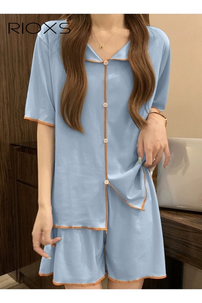 RIOXS Women's 2PCS Summer Pajamas Set, Short Sleeve Button Down Shirt with Elastic Waist Shorts, Skin-frie