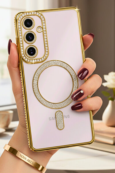 cepmoda حافظة هاتف سامسونج 'A25' بتصميم حجري لامع مع تقنية Magsafe - غطاء فاخر مع حماية للعدسة - ذهبي