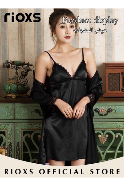 RIOXS Women's Silky Satin Pajama 4 Piece Camisole Top Shorts Nightdress Robe Pajama Set With Lace Details