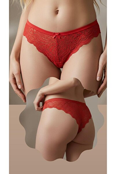 femmefinesse Women's Red Lace 95% Cotton 5% Lycra Brazil Front Back Lace Panties