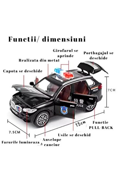 OEM BMW X5 Police Metal Car, Sounds and Lights, Doors Open, Pull-Back, 16cm, Black