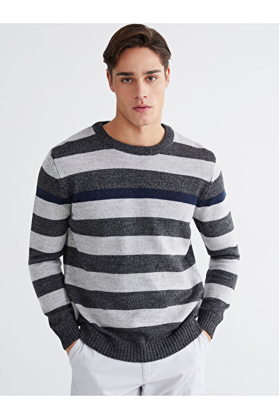LC Waikiki Gray Crew Neck Striped Men's Knitwear Sweater