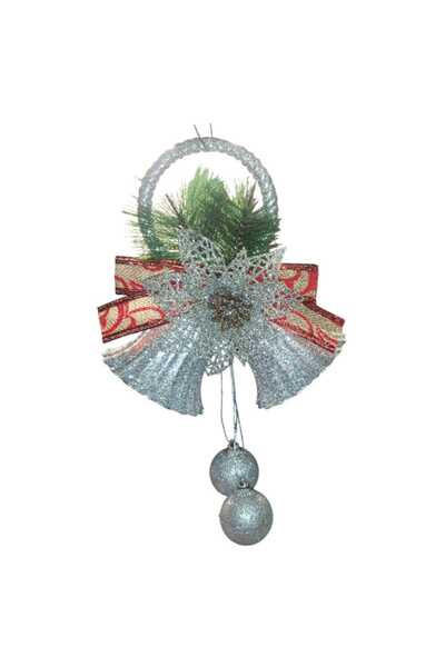 First Choice Elegant Christmas Decorative Glitter Bells, Checkered Bow Pattern, Silver-Green Color 20x8x16cm