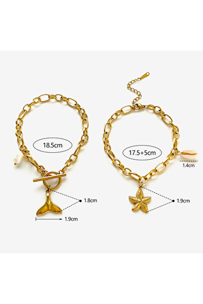Choice طقم من قطعتين من GHIDBK بتصميم نجم البحر وذيل السمكة مطلي بالذهب عيار 18 قيراطًا، مصنوع من لؤلؤ المياه العذبة الطبيعي