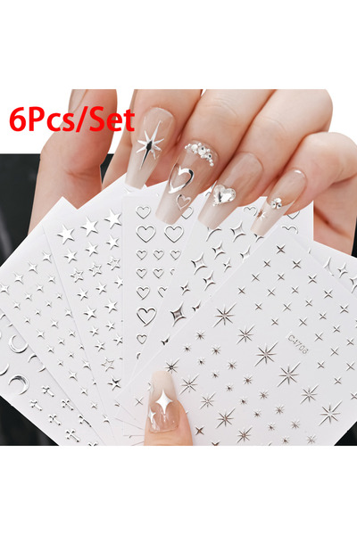 Choice NLZ247-S1 6 قطع/مجموعة ملصقات أظافر معدنية فضية على شكل نجمة/قلب/قمر ث...
