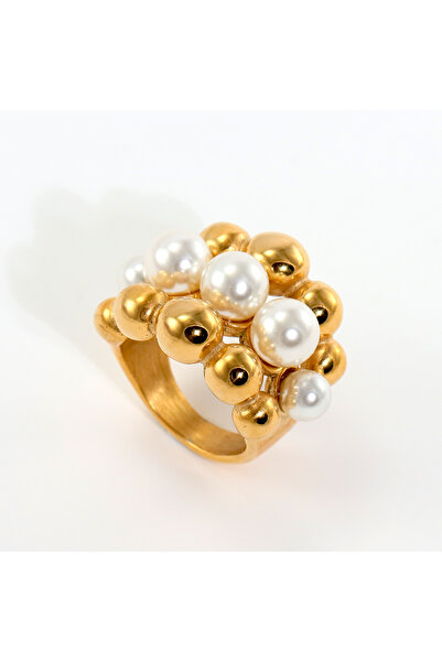 Choice خاتم نسائي كبير الحجم مطلي بالذهب عيار 7 قيراط، مصنوع من الفولاذ المقاوم للصدأ، مزين بكرات كبيرة من اللؤلؤ الصناعي.