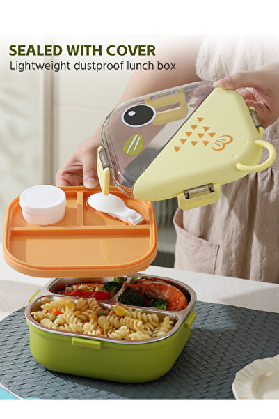 Soft Touch Stainless Steel Baby Lunch Box, Toddler Bento Box with Handle, Lid, Sauce Cup and Spoon