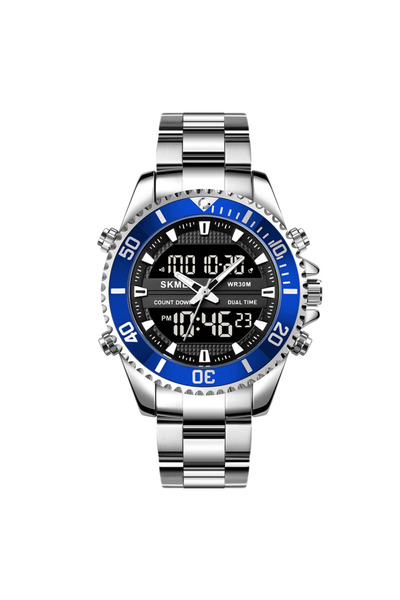 Skmei silver blue Full Steel 3 Time Display Countdown Quartz Digital Sports Watches Mens Back Light Water