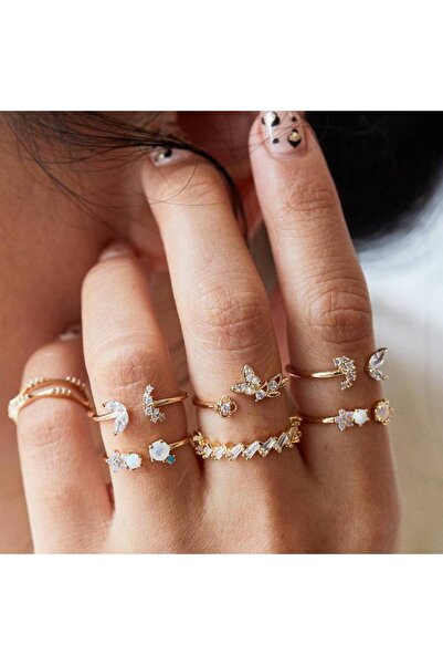 Choice مجموعة من 25 خاتمًا متوسط الطول بتصميم بوهيمي للنساء، مرصعة بتاج فيل كريستالي عتيق، بتصميم هندسي ذهبي