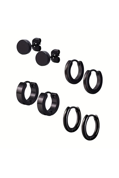 Choice1 Black Stylish Men's 4-Pair Earring Set - Black Stainless Steel Studs ...