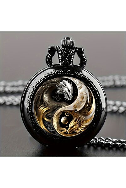 Choice ساعة يد سوداء عتيقة الطراز، ذهبية وفضية، بتصميم تنين مزدوج ، كوارتز، علبة
