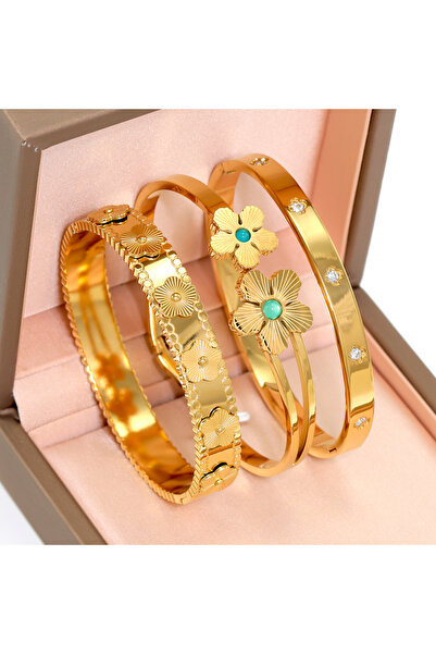 Choice مجموعة من 3 قطع من أساور الزهور المصنوعة من الفولاذ المقاوم للصدأ للنس...