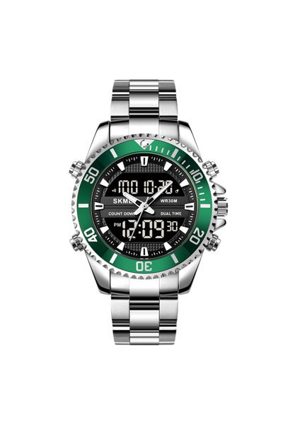 Skmei silver green Full Steel 3 Time Display Countdown Quartz Digital Sports Watches Mens Back Light Wate