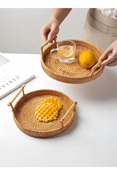 DOMEET Rattan Woven Round Basket, Round Rattan Woven Serving Tray with Handle...