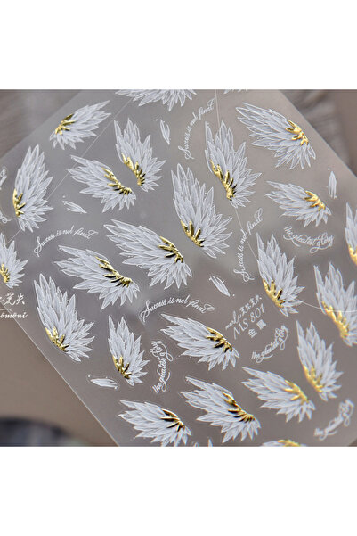 NAILFYOU ملصق فن الأظافر MS801 أجنحة ملاك، أبيض وذهبي، حروف إنجليزية، خماسي ا...