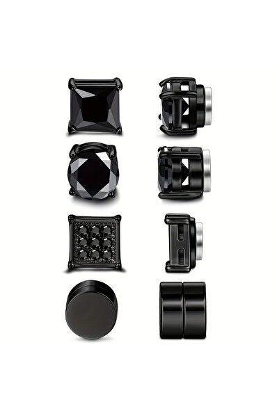 Choice Black 4 Pairs Stainless Steel Magnetic Stud Earrings, Fashion Cubic Zi...