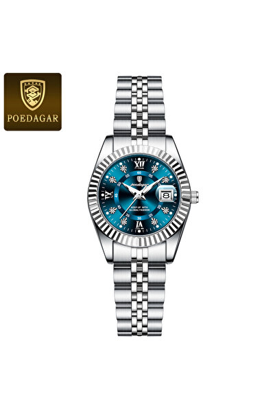 Choice3 ساعة يد نسائية أنيقة من الفولاذ المقاوم للصدأ، فضية وزرقاء، مقاومة لل...