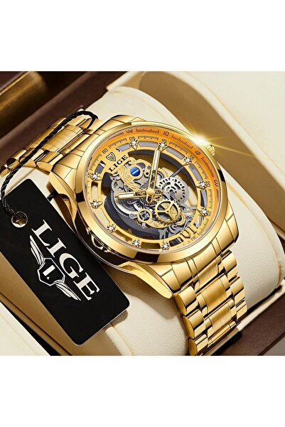 Lige ساعة رجالية جديدة باللون الأصفر بالكامل، ساعة كوارتز هيكلية ذهبية، ساعة ...