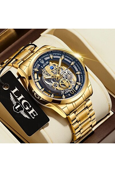 Lige ساعة يد رجالية جديدة باللون الذهبي والأزرق بتصميم كوارتز هيكل عظمي ساعة ...