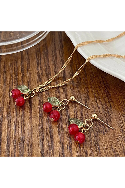 Choice AMS70234 طقم أقراط متدلية من قلادة الكرز الأحمر الأنيقة باللون الذهبي،...