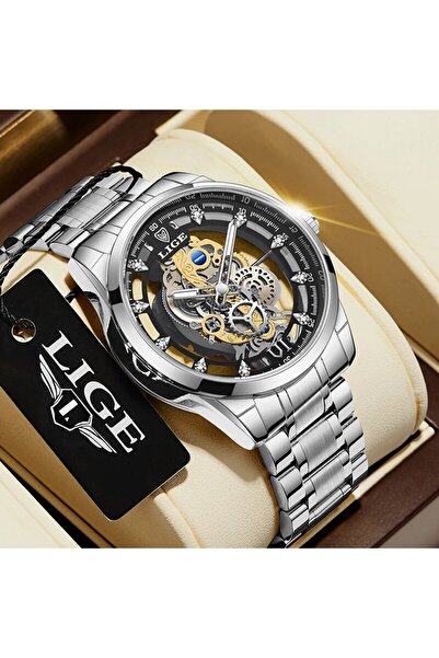 Lige ساعة يد رجالية جديدة فضية سوداء، كوارتز هيكل عظمي، ساعة ذهبية للرجال بتص...