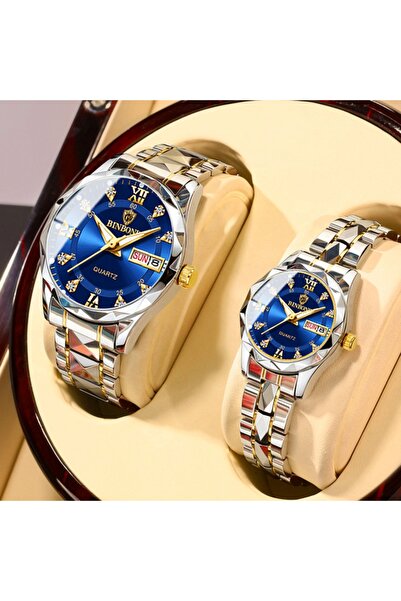 Choice طقم ساعات زوجين مكون من قطعتين باللون الأزرق مقاومة للماء حتى 30 مترًا هدية عيد الحب من الفولاذ المقاوم للصدأ وكريستال