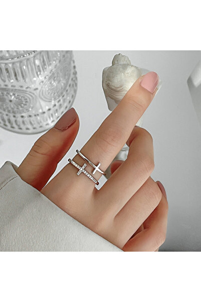 Choice خاتم فضي مزدوج الطبقات مفتوح للنساء بتصميم بسيط باللون الذهبي والفضي ق...