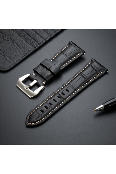 Choice سوار ساعة من جلد البقر الأصلي باللون الأسود مقاس 22 مم، وسوار ساعة من ...