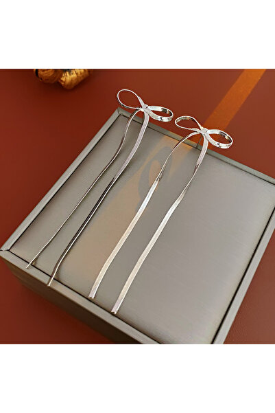 Choice أقراط طويلة فضية اللون على شكل فيونكة أنيقة للنساء من الفولاذ المقاوم ...