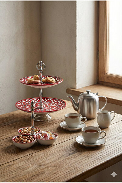 RİVO HOME DECOR The Mia Corallo Red 2-Piece Presentation Set - Cake Stand and Snack Plate