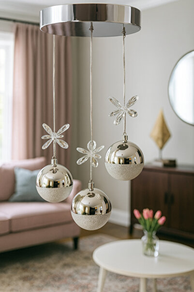 AKARSU AVİZE Modern 3 lü Krom Kaplama 3 Renk Top Power Ledli Salon Mutfak Oda...