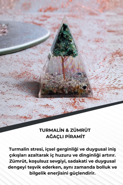 Saff Doğal Taş Turmalin & Zümrüt Ağaçlı Piramit