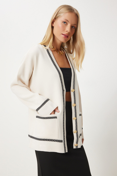 Lovelyİstanbul Contrast Detailed Pocketed Long Knit Cardigan Lus0016 Cream