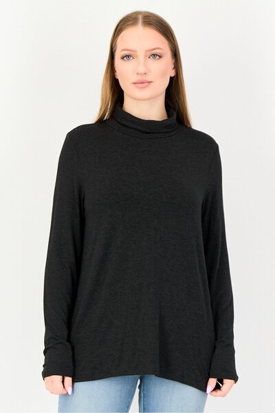 Market And Spruce Women Turtle Neck Solid Long Sleeve Blouse, Heather Black