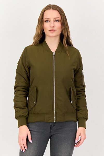 Cropp Women Solid Long Sleeve Wind Breaker Jacket, Olive