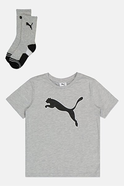 Puma Kids Boy 2 Pieces Brand Logo T-Shirt With Crew Socks Set, Grey