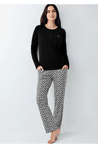 Pierre Cardin Home Wear Soft Textured Black Double Pocket Pajama Set - 50% Cotton & 50% Modal