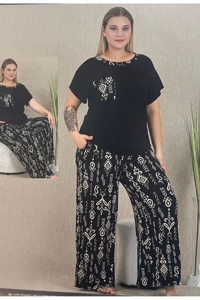 MOPİ Plus Size Black Patterned Viscose Short Sleeve Pajama Set