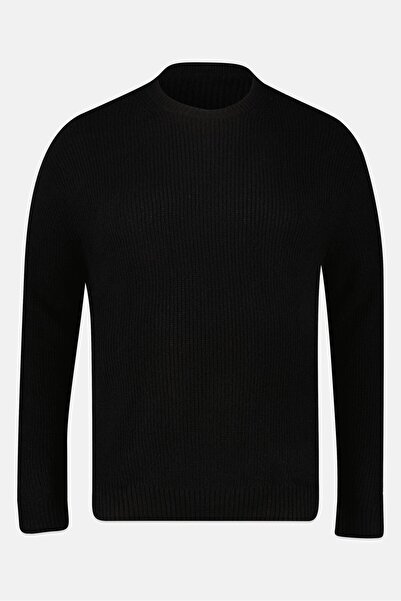CELIO Men Ribbed Neck Knitted Sweater, Black