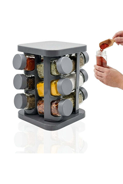 Köken Set de 12 borcane de condimente din sticlă cu suport din plastic, capace fără BPA, ergonomice, gri