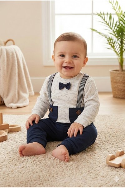 Bebişto Baby Boy Salopet Look Tuxedo Style Navy Blue Suit with Bow Tie