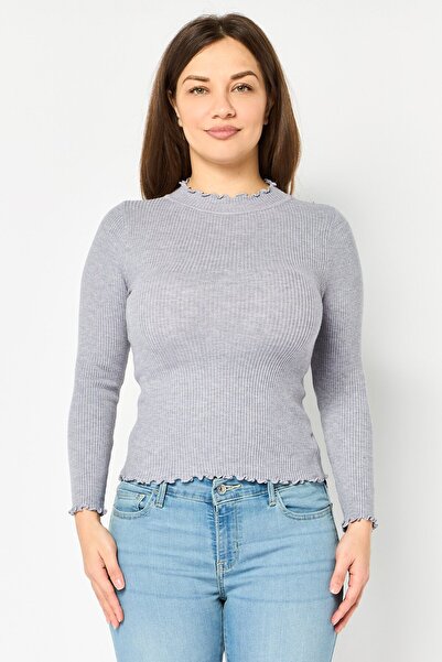 Buzz Women Mock Neck Long Sleeve Knitted Blouse, Grey
