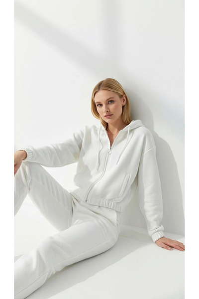 Butik 3 thread Fleece-Lined hooded zippered short top white pat8590