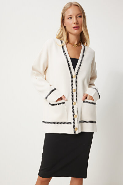 Lovelyİstanbul Contrast Detailed Pocketed Long Knit Cardigan Lus0016 Cream
