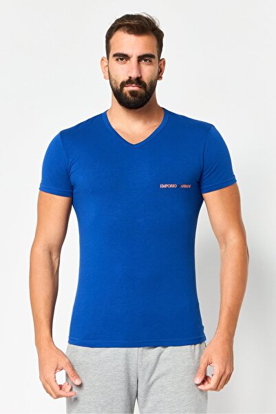 Emporio Armani Men V Neck Short Sleeves Brand Logo Sleepwear T-shirt, Navy