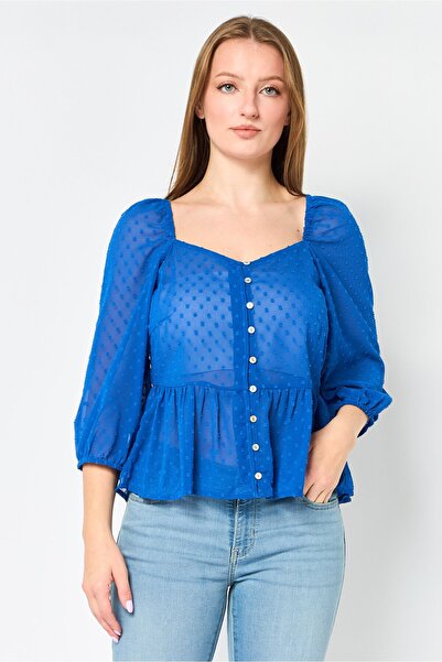 JDY Women V Neck 3/4 Sleeve Textured Blouse, Blue